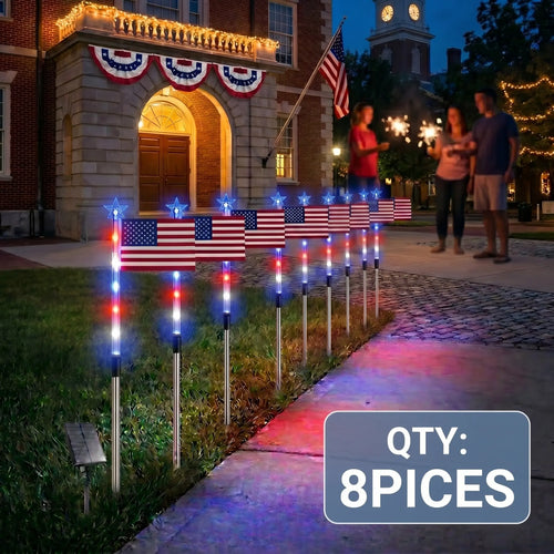 8-Piece Flag Light Set, 4Th of July Decorations 8 Lighting Modes, 8-In-1 American Flag Solar Lights, Memorial Day Decorations Featuring Red, White, and Blue Lights for Independence Day Pathway Garden Decorations Yard Pathway