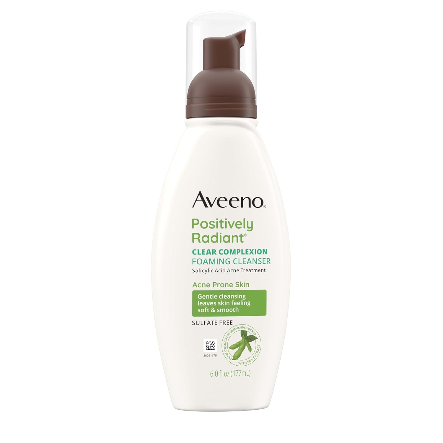 Aveeno Clear Complexion Foaming Oil-Free Facial Cleanser with Soy Extract & 0.5% Salicylic Acid, Acne Treatment Face Wash for Acne-Prone Skin, Sulfate-Free & Hypoallergenic, 6 Fl. Oz