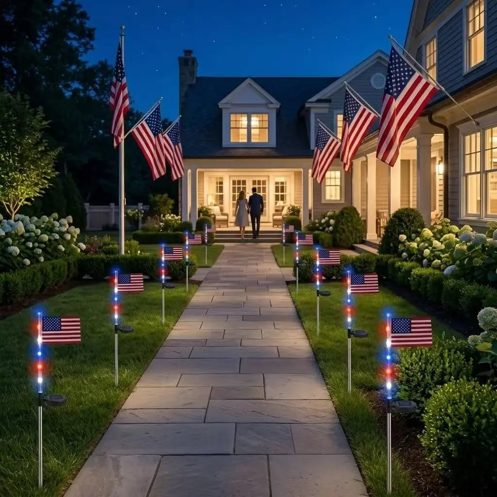 8-Piece Flag Light Set, 4Th of July Decorations 8 Lighting Modes, 8-In-1 American Flag Solar Lights, Memorial Day Decorations Featuring Red, White, and Blue Lights for Independence Day Pathway Garden Decorations Yard Pathway