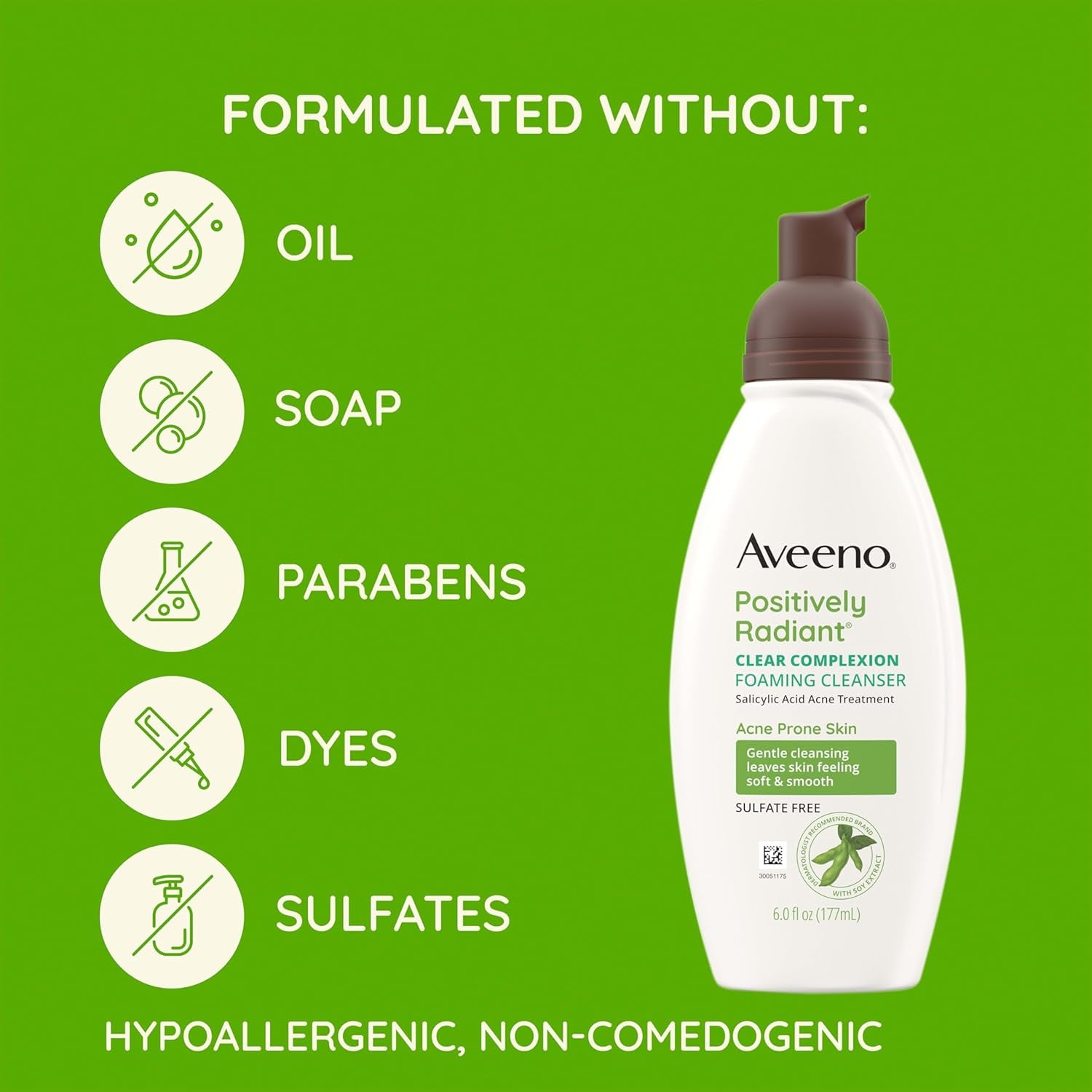 Aveeno Clear Complexion Foaming Oil-Free Facial Cleanser with Soy Extract & 0.5% Salicylic Acid, Acne Treatment Face Wash for Acne-Prone Skin, Sulfate-Free & Hypoallergenic, 6 Fl. Oz